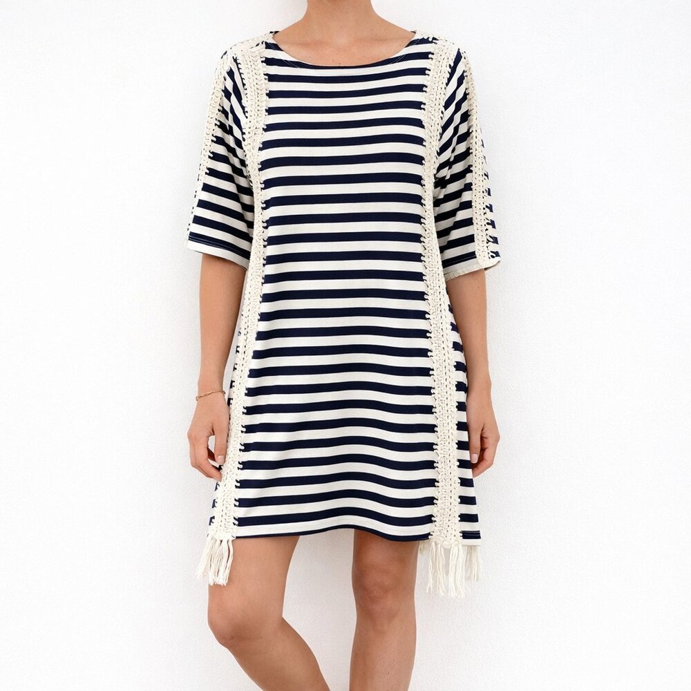 Anthropologie Boho Chic Pepin Fringe Artisanal Casual Navy Stripe Dress [size M]